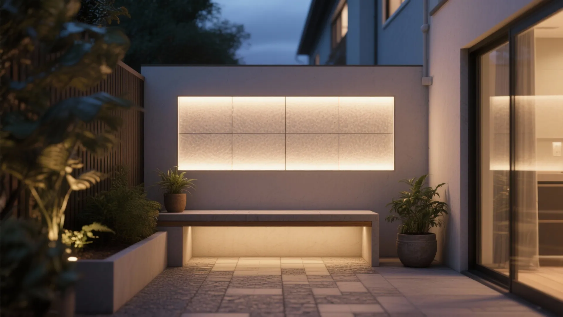 Modern outdoor patio with warm backlit wall panel and stone bench with hidden light fixture