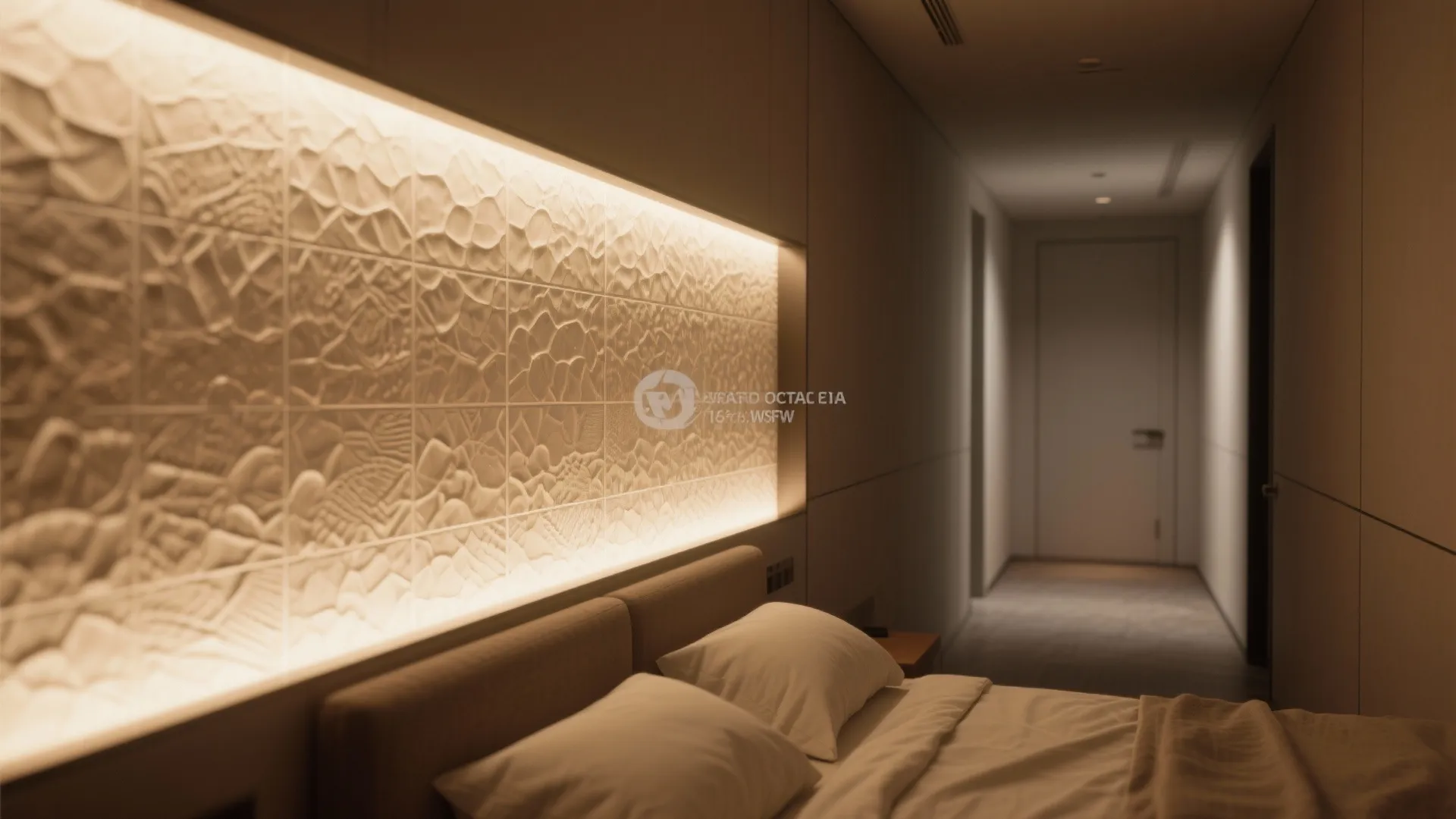 Bedroom interior featuring textured wall panel with warm hidden light above a comfortable white bed