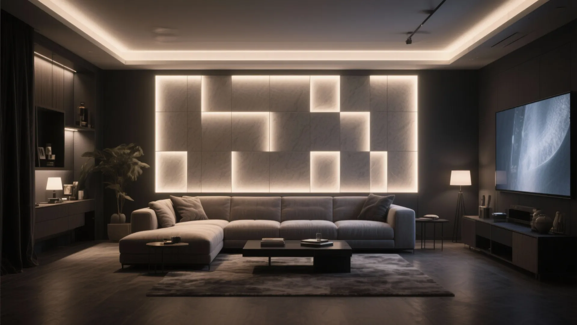 Living room with backlit panels behind sofa for cinematic look