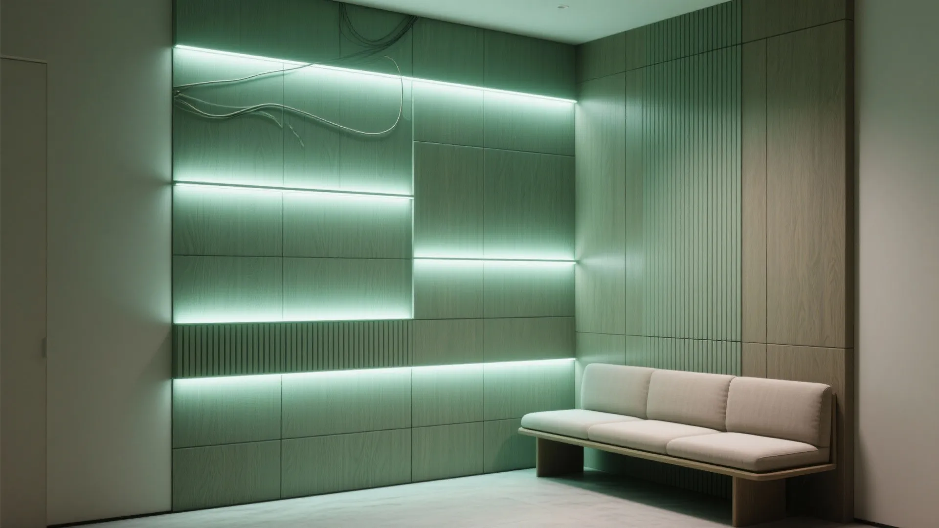 Minimalist room featuring green wood wall panel with horizontal light strips and a simple sofa
