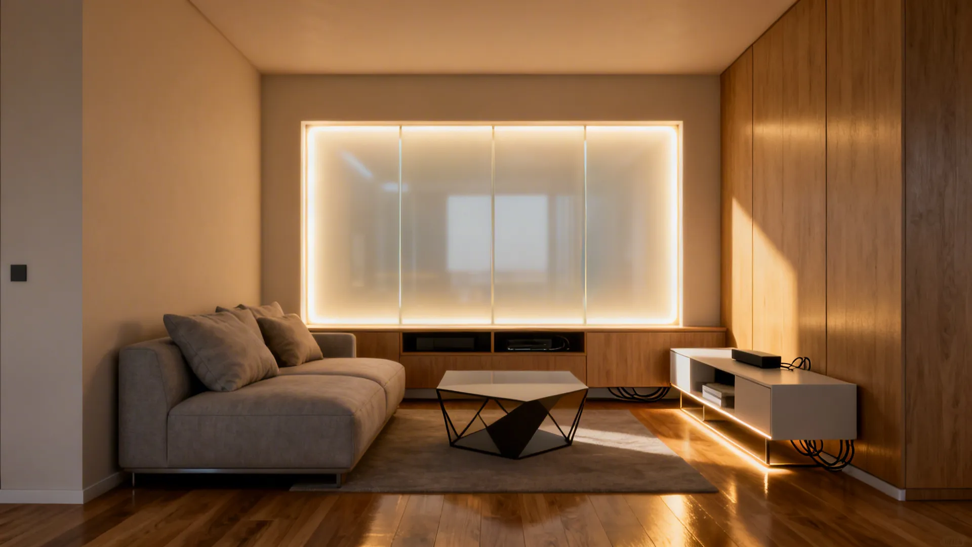 Living room with diffused backlit wall panels creating a soft halo behind the media unit.