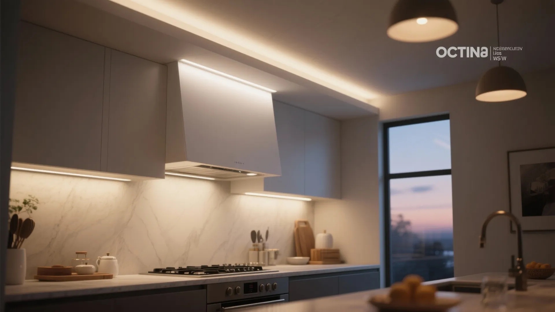 Modern kitchen with white range hood and under cabinet lighting over marble wall and stove