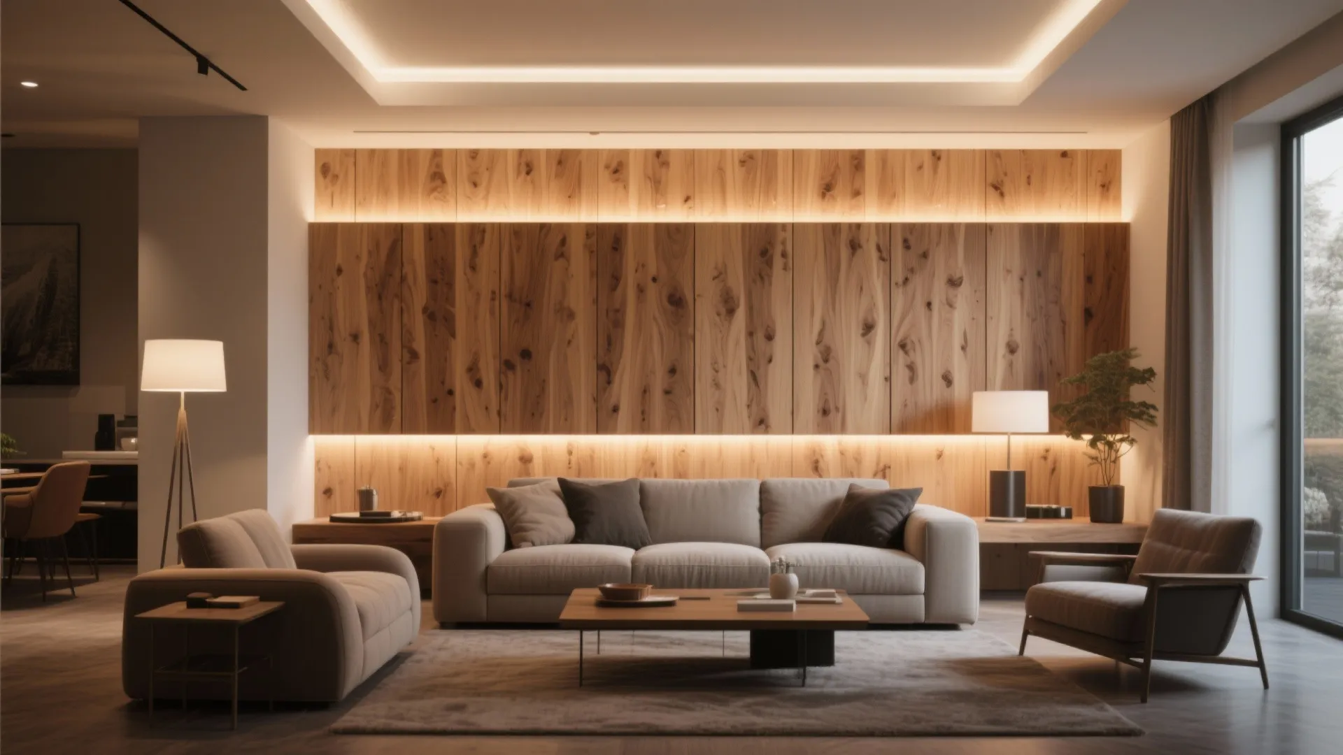 Modern living room with backlit wood panel wall and warm ambiance