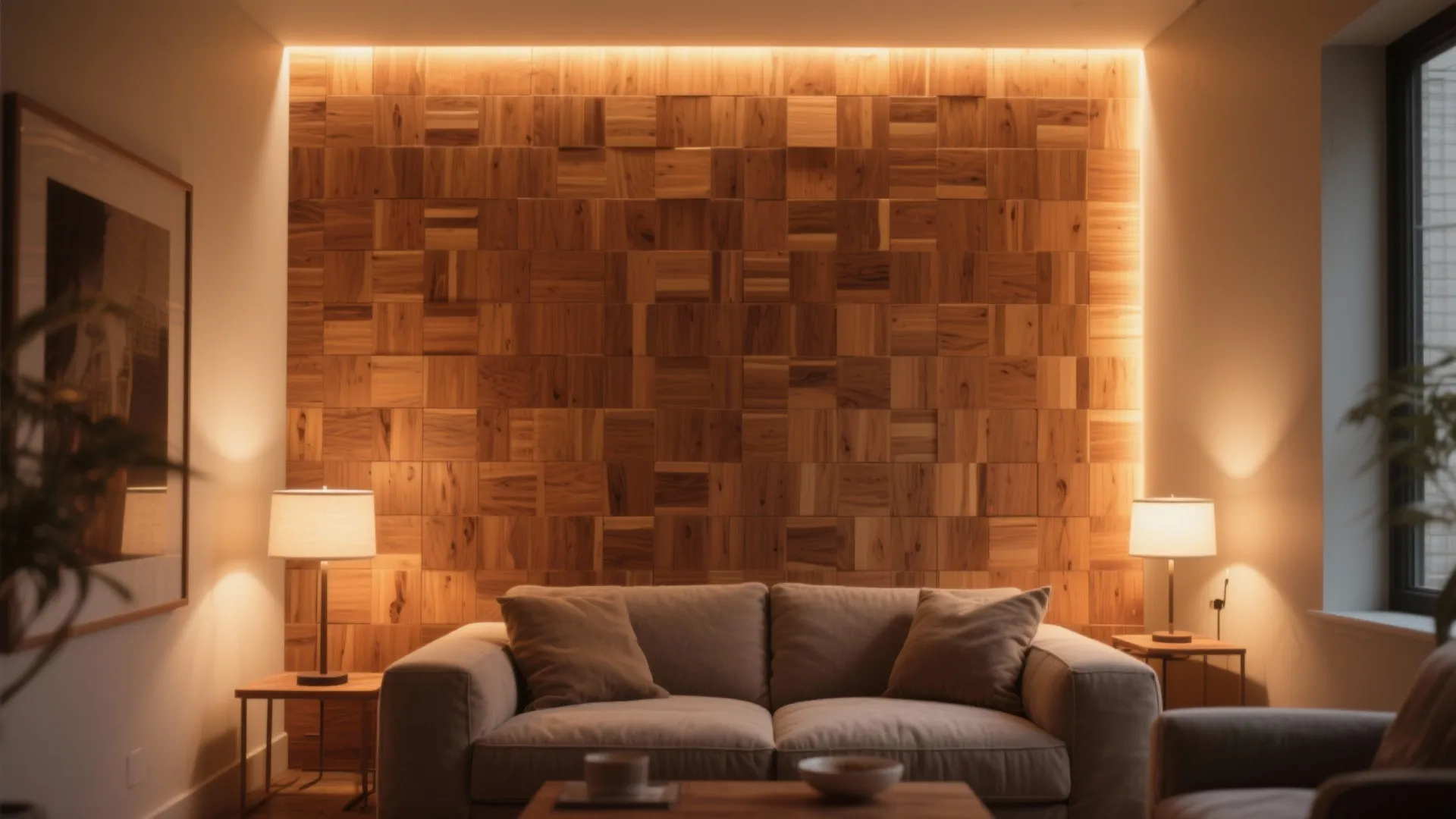 Living room with backlit wood wall panel behind a sofa and two warm table lamps
