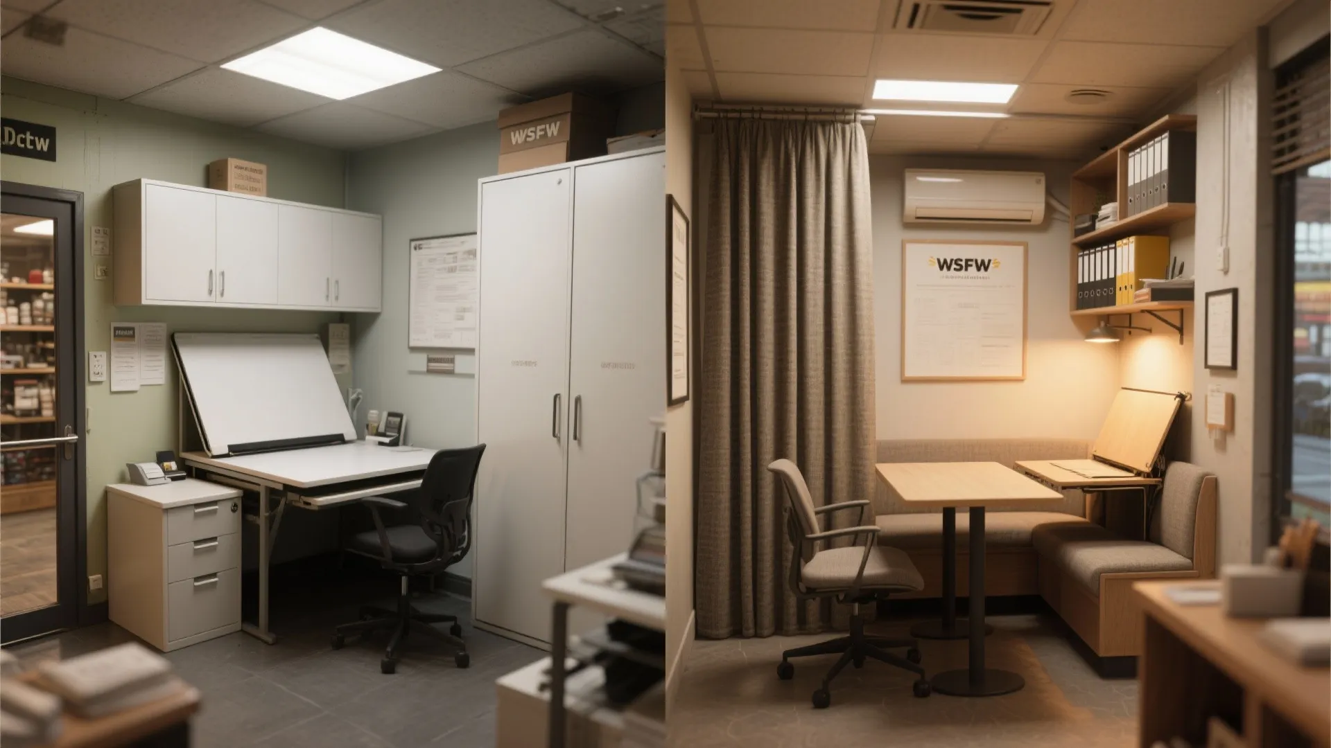Before and after comparison of a messy office room transformed into a cozy clean workspace