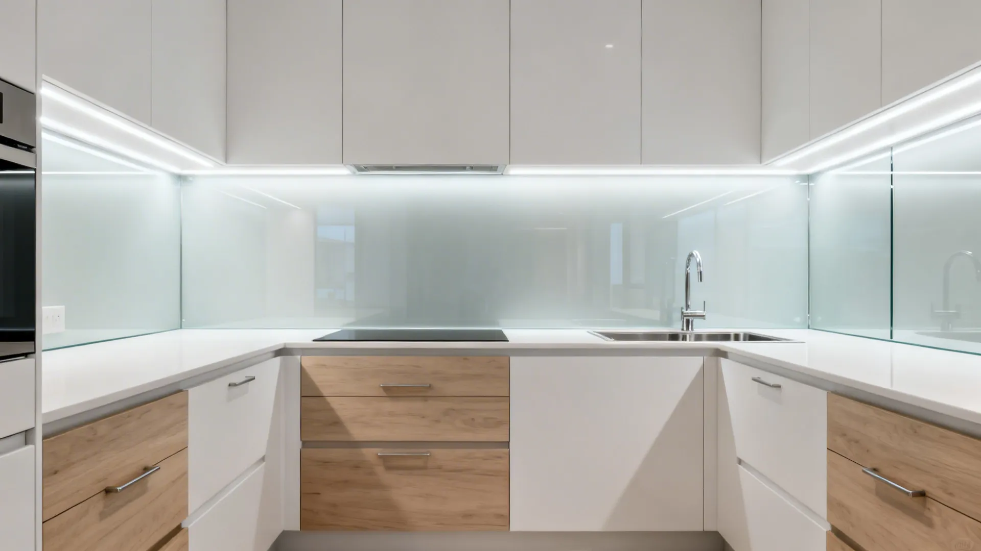 Small U-shaped kitchen with back-painted low-iron glass backsplash softly backlit evenly.