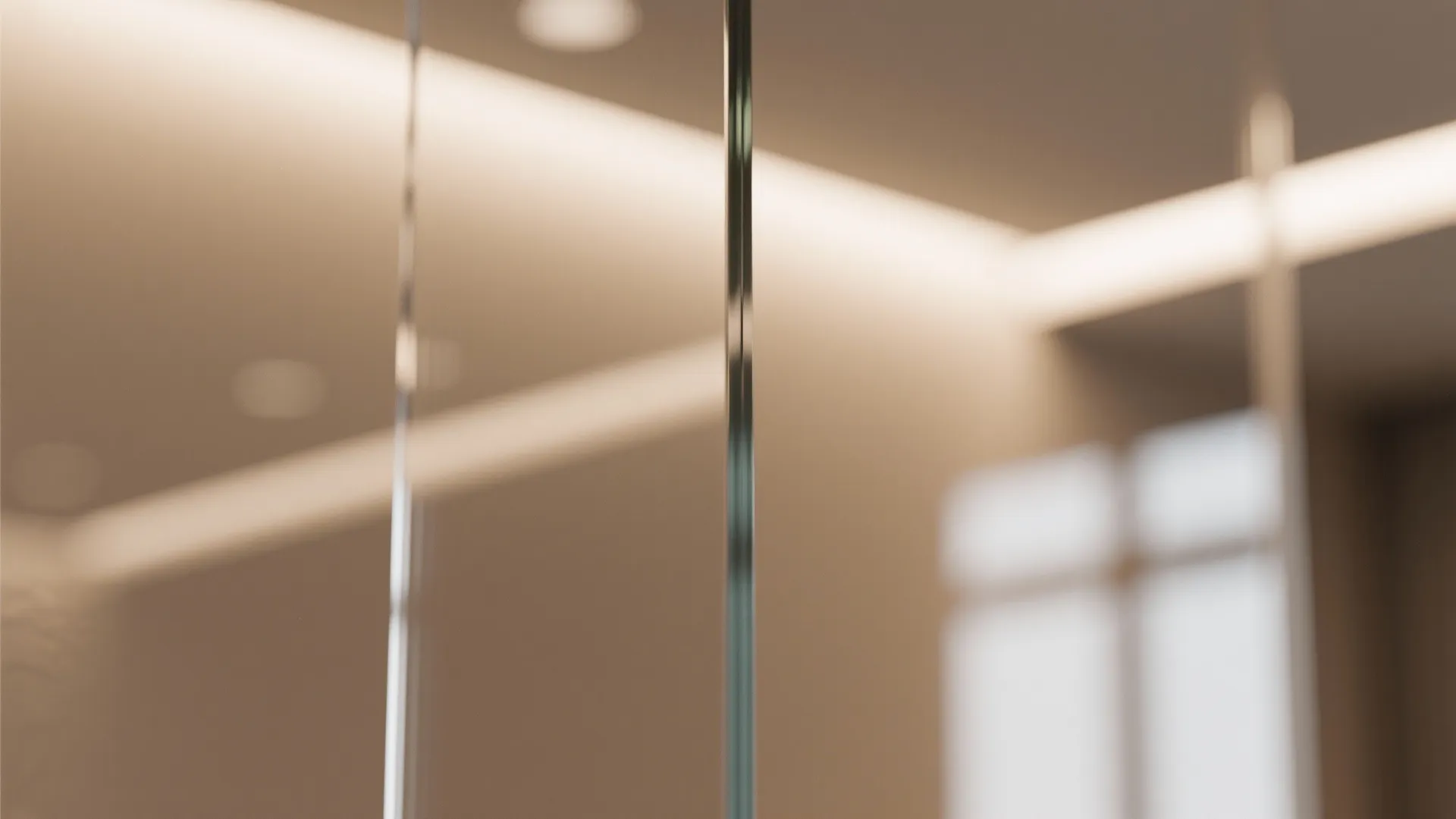 Close up view of polished glass surface reflecting warm soft light inside a modern room