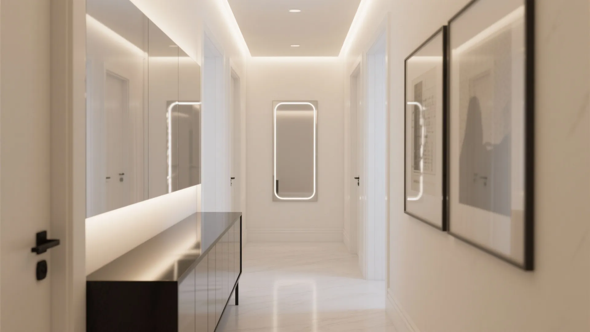 Modern white hallway interior design featuring a black cabinet wall mirrors and warm ceiling light