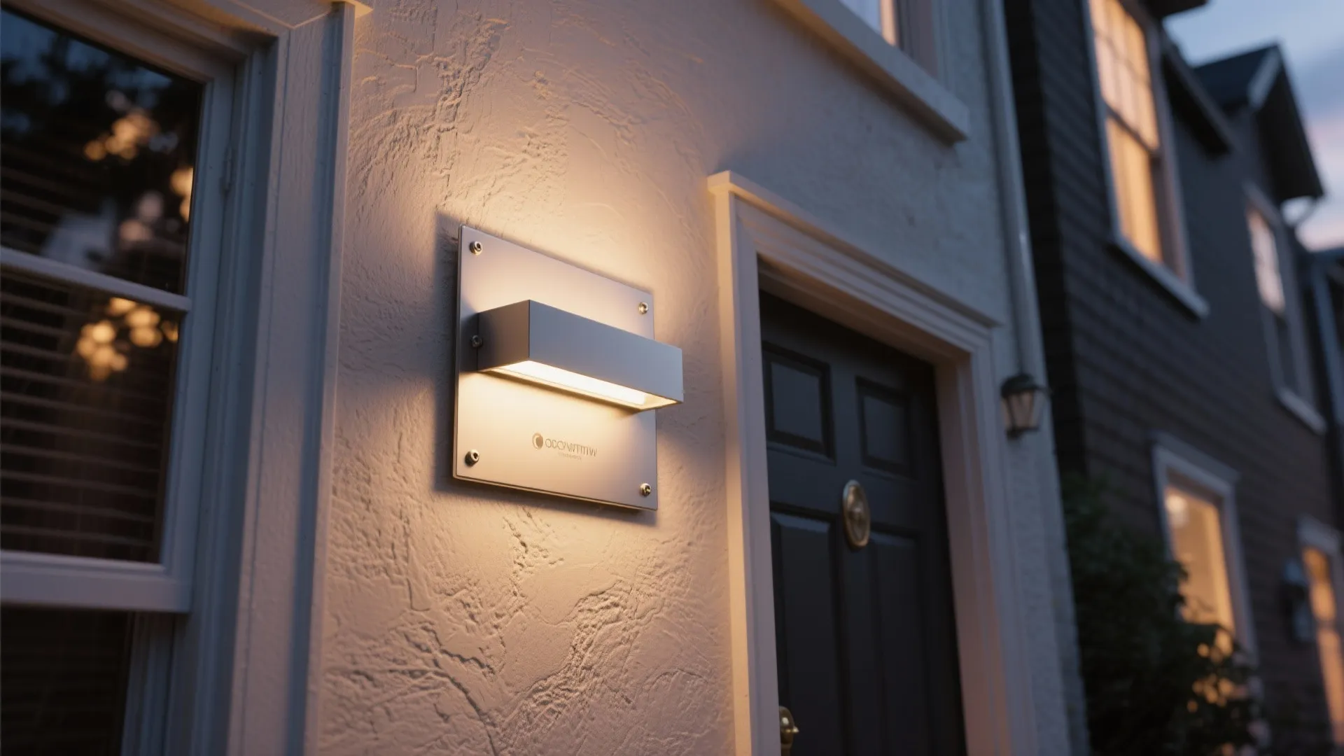 Modern silver wall light mounted on a white textured outdoor wall next to a door