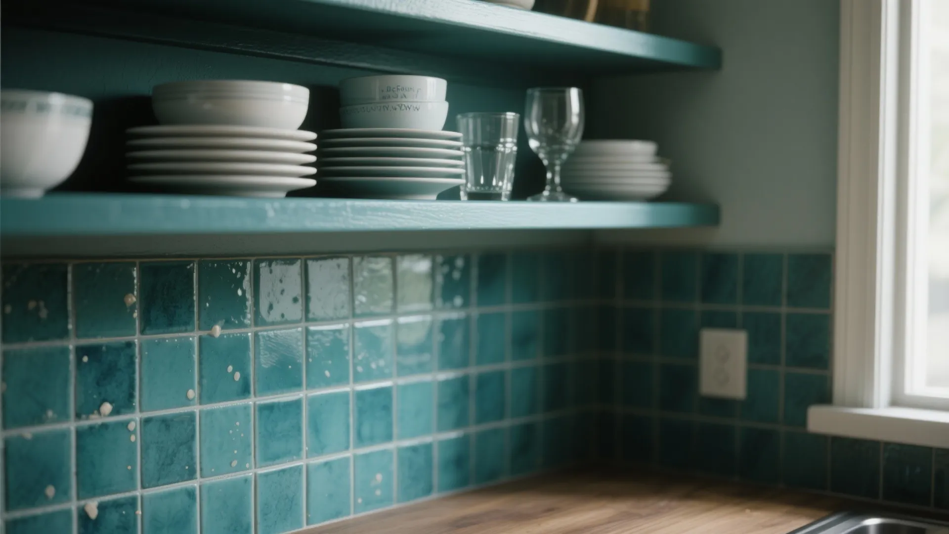 Teal kitchen wall tiles below wooden shelves holding white plates and bowls near a window