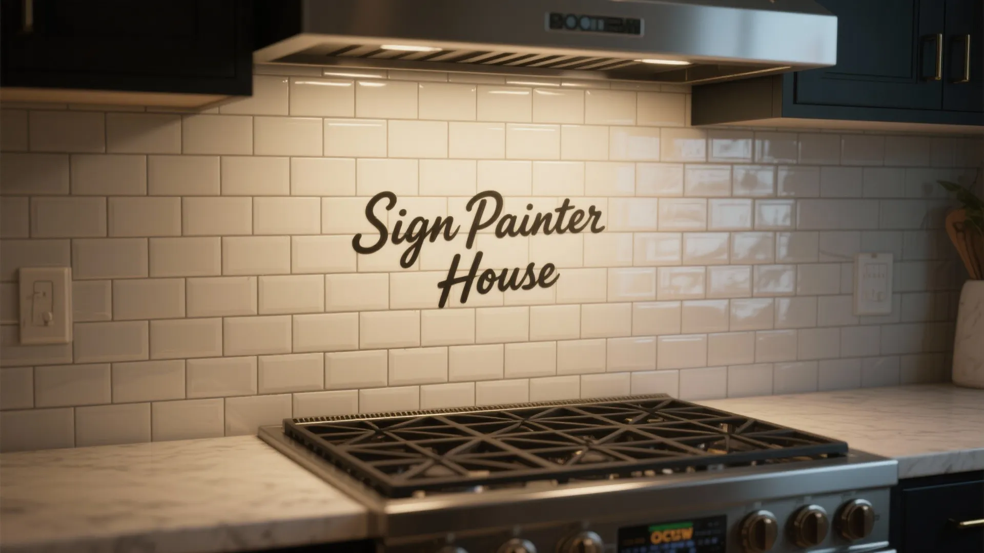 Modern kitchen with white subway tile wall, stainless steel stove, marble countertop, and decorative wall text