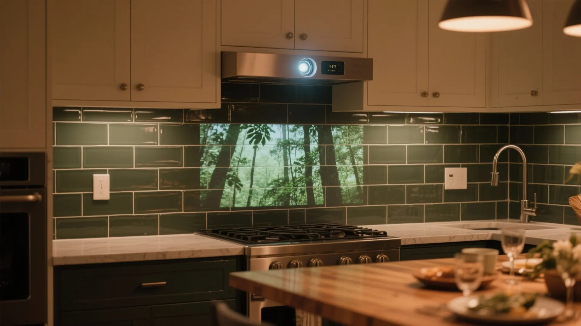 Modern kitchen with green wall tiles showing a forest scene projected above the cooking stove area