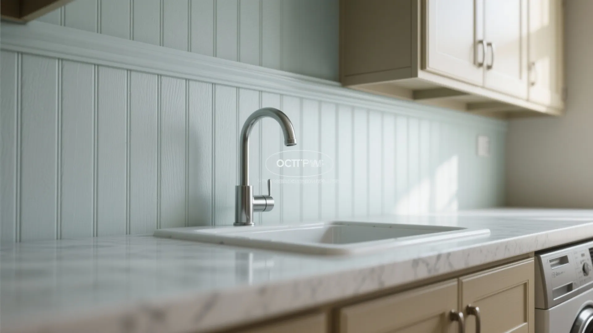 Modern laundry room sink with silver tap marble counter light blue wall panel and cabinets