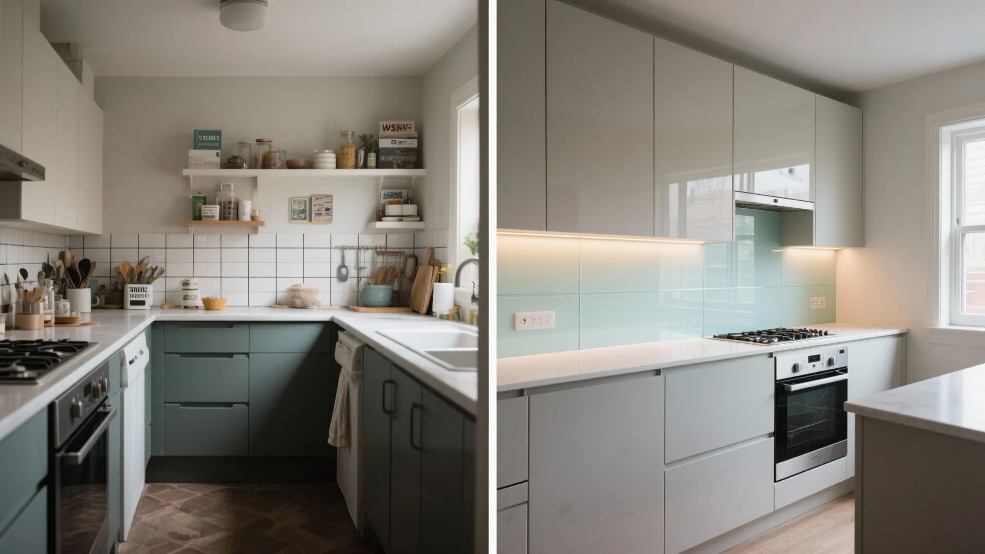 Transparent glass backsplash for depth and easy cleaning