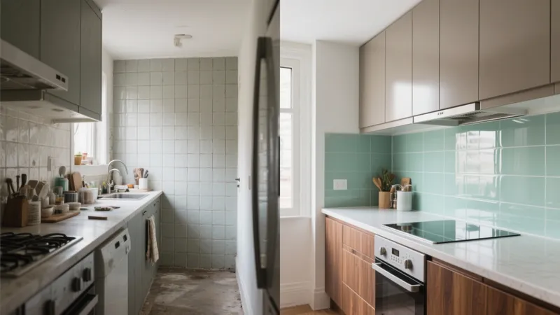 Kitchen Transformation with Mint Tile Backsplash & Warm Wood Accents