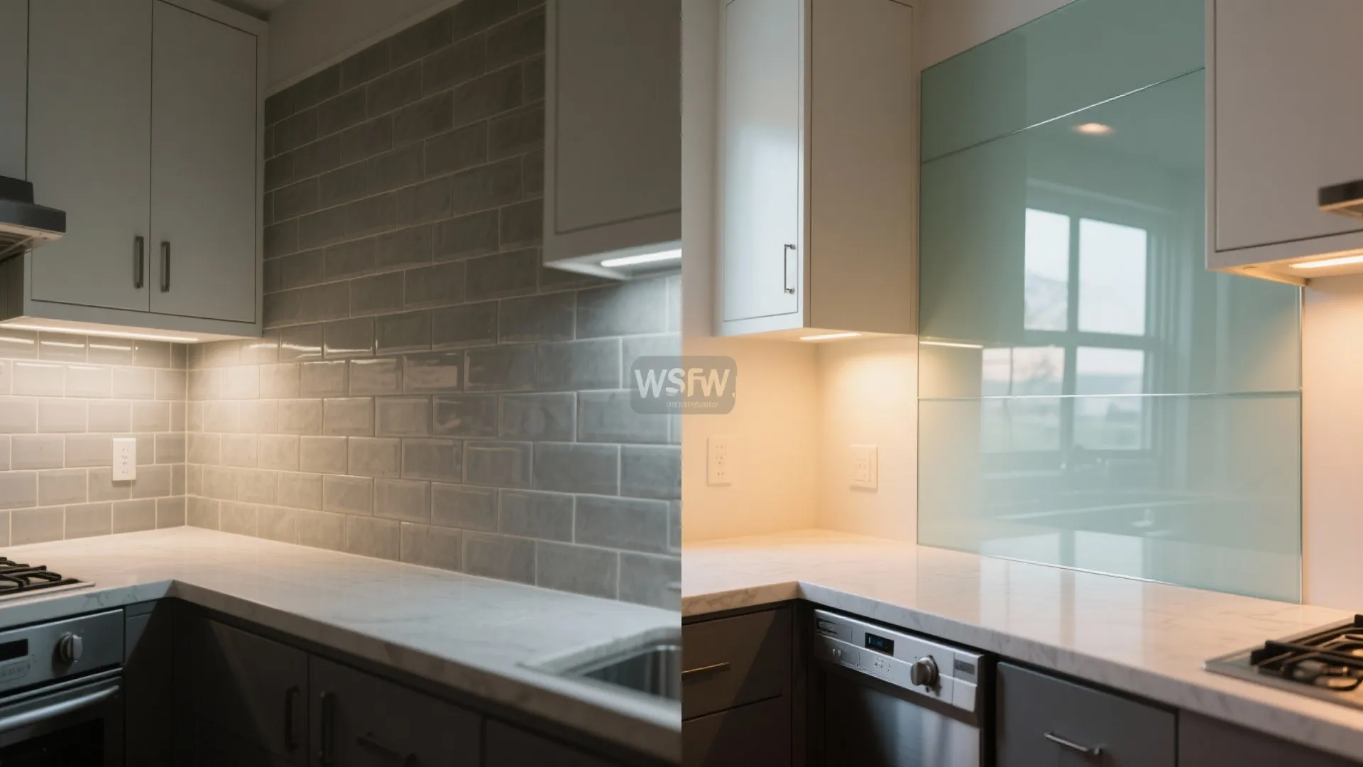 Before and after comparison showing a grey brick wall next to a smooth glass wall