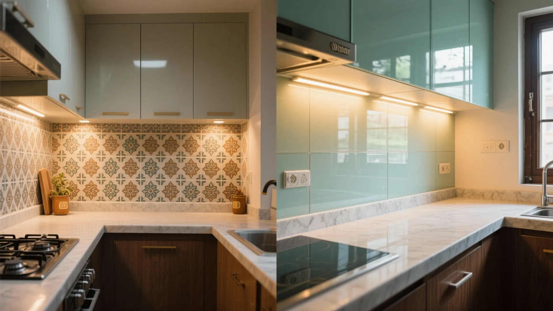 Glass backsplash to boost light and cleanability