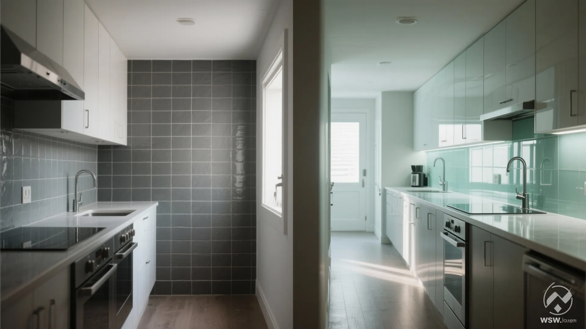 Glass backsplash to brighten narrow kitchens