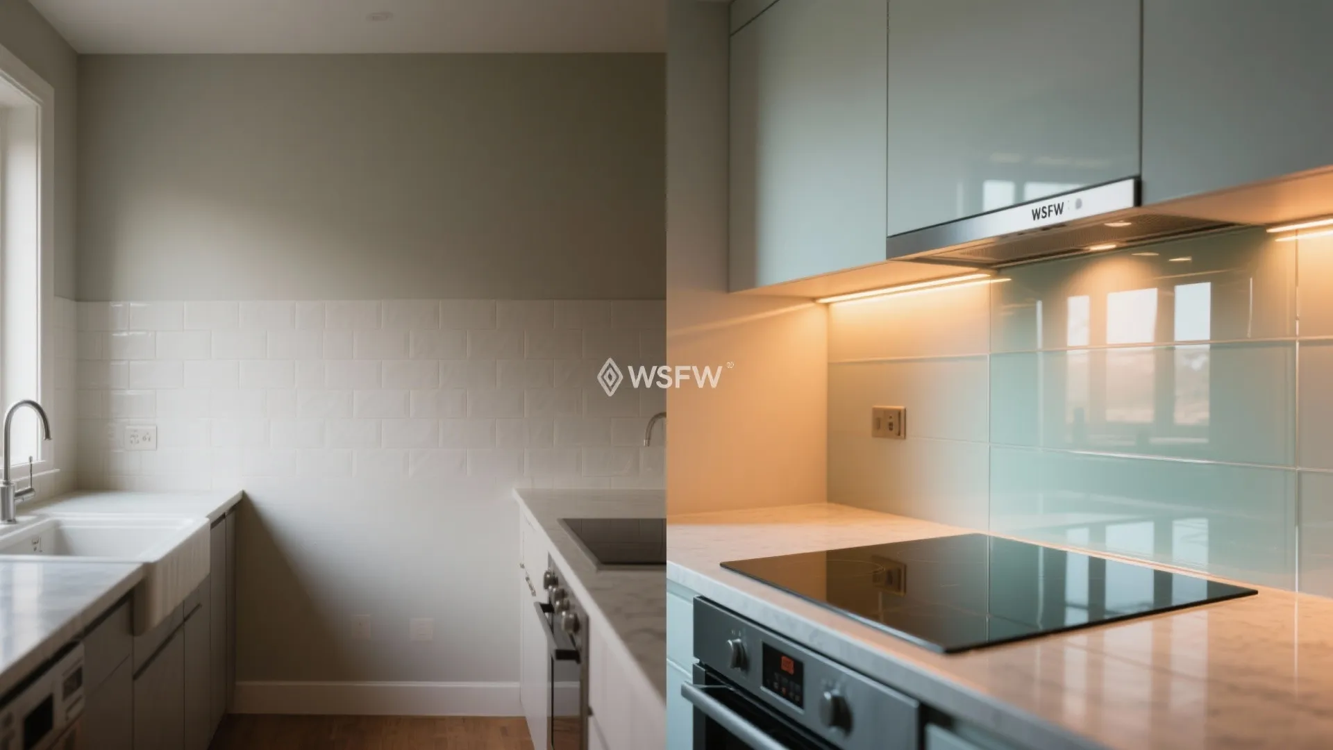 Before and after comparison showing a kitchen with white tiles versus light blue glass tiles