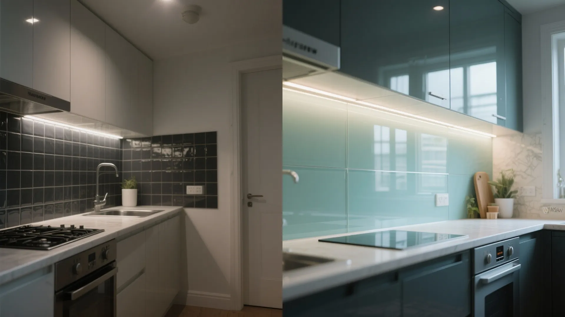 Before and after comparison of kitchen wall tiles from dark black squares to light green