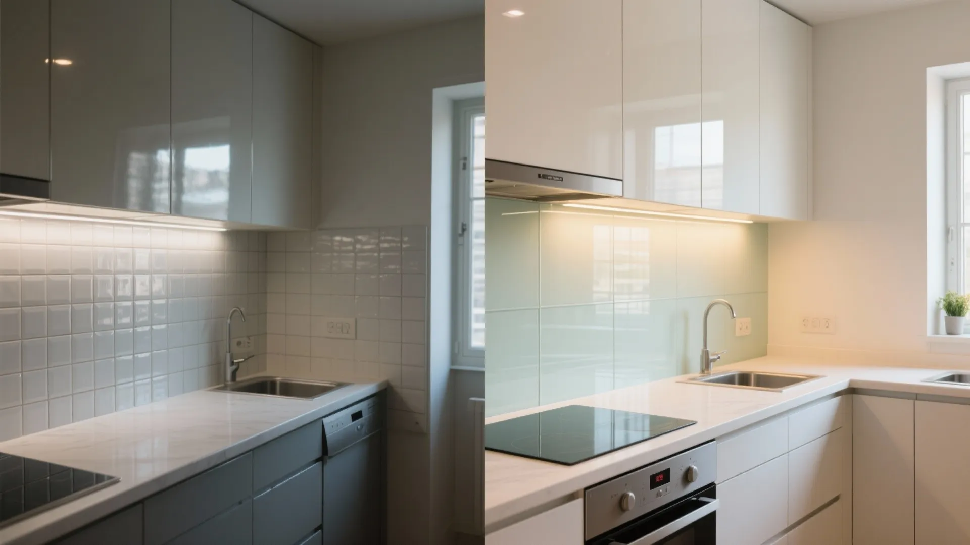 Before and after comparison of kitchen wall tile renovation with new white cabinets and sink