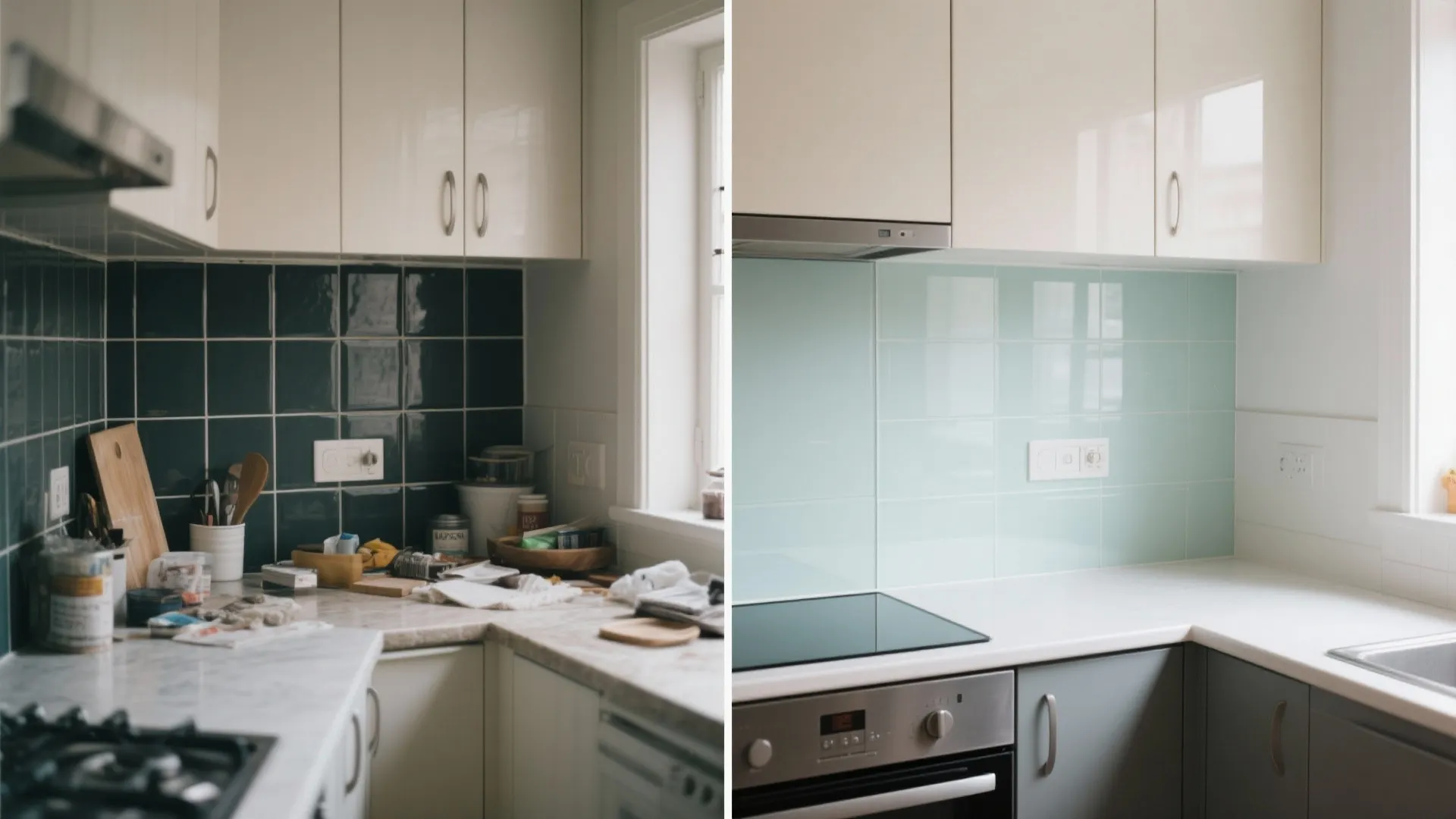 Before and after comparison of old dark kitchen tiles versus new clean light blue backsplash