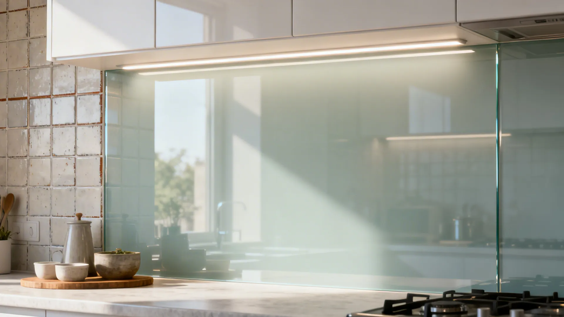 Side-by-side view of a tiled backsplash replaced by a sleek glass panel in the same compact kitchen.