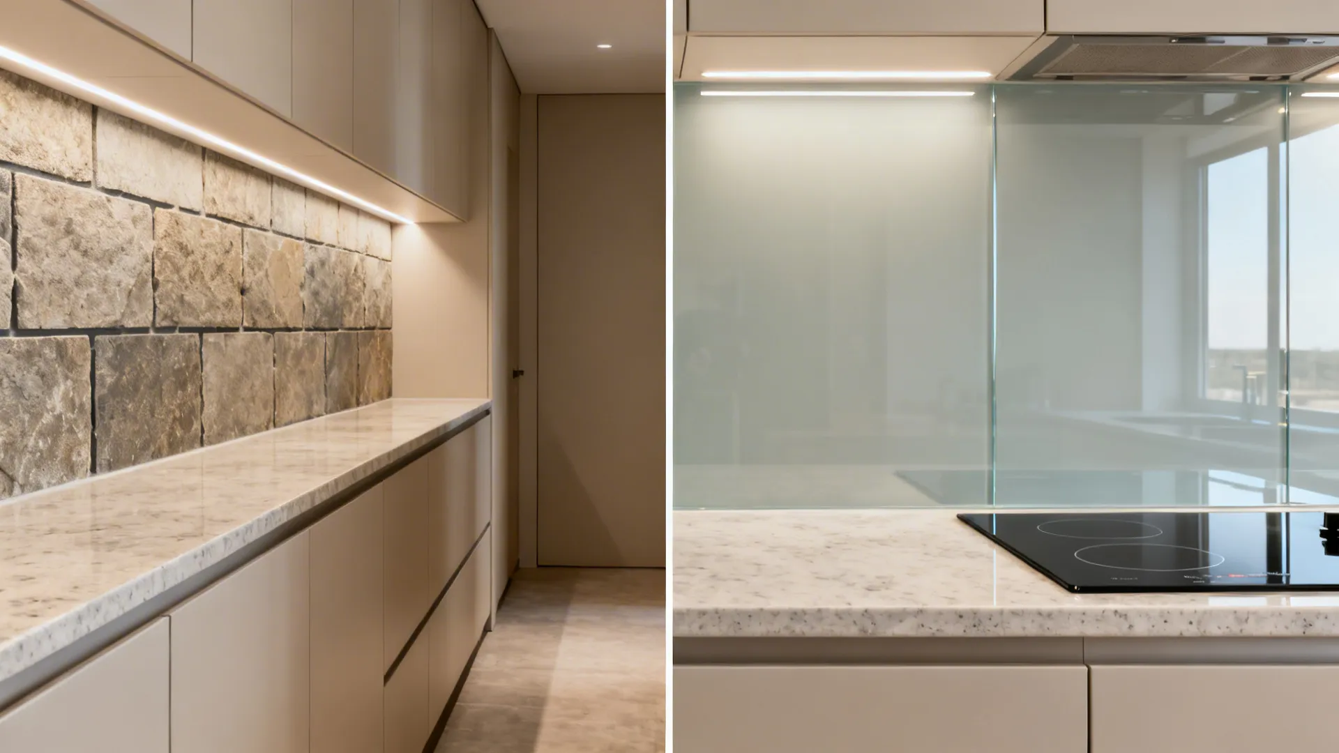 Side-by-side galley kitchen before with tile and after with glass backsplash.