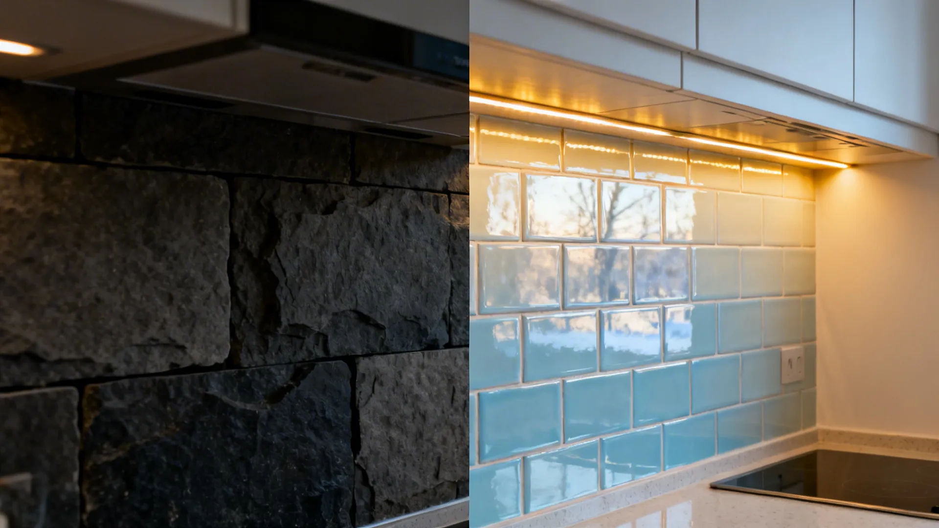 Split view showing dark backsplash replaced by glossy light tiles that brighten the kitchen