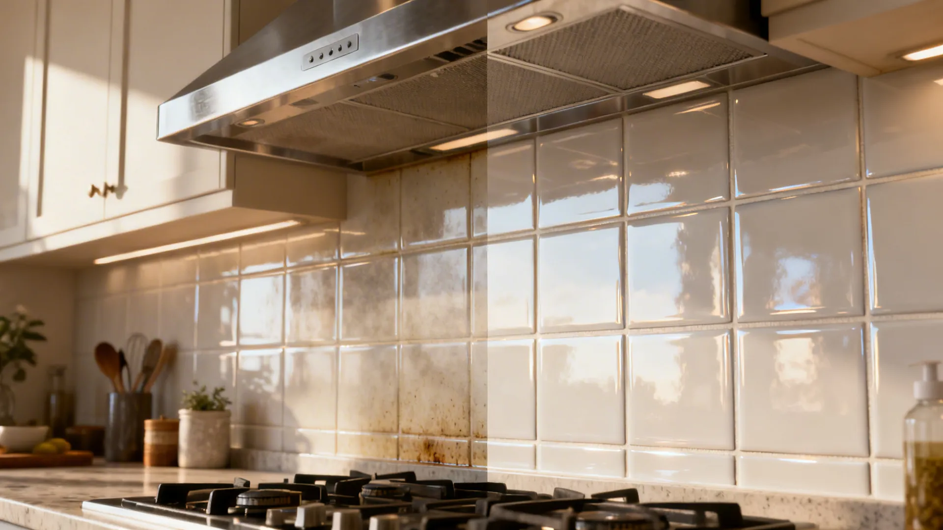 Before-and-after of a glazed tile backsplash showing grease haze removed and bright grout.