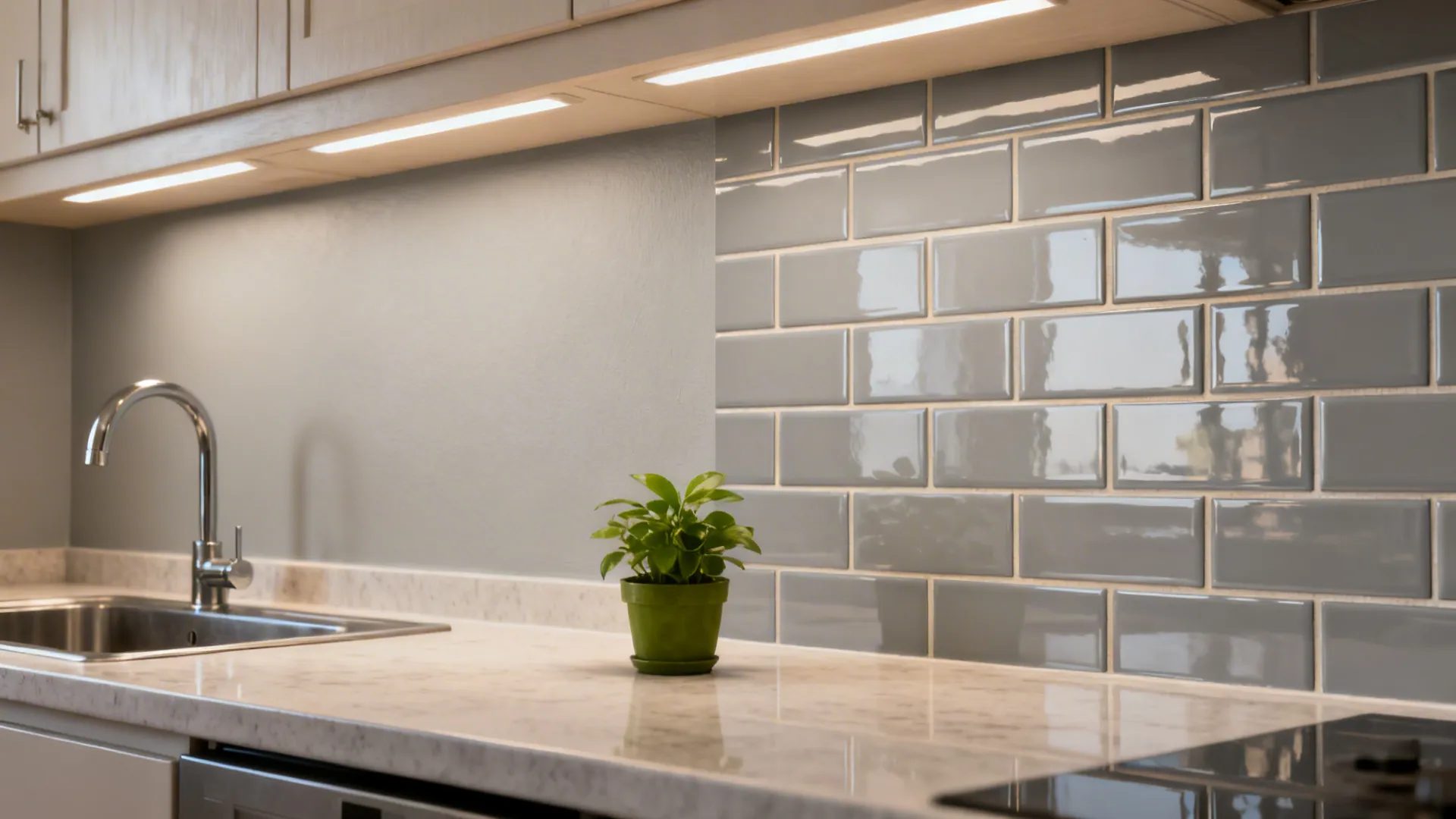 Split view showing a plain wall versus a clean gray faux subway tile decal backsplash behind a sink.