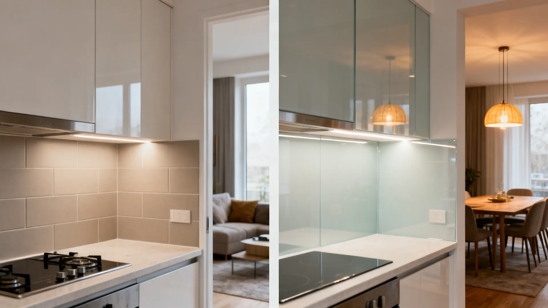 Before and after comparison showing kitchen wall update from grey tile to smooth blue panels