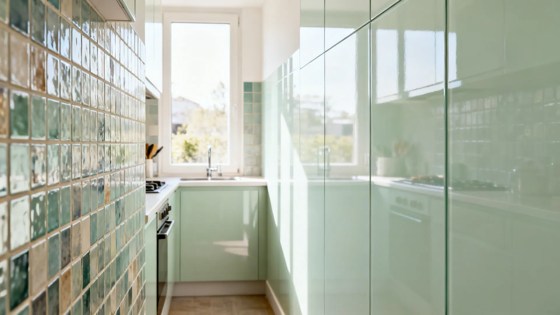 Before-and-after showing tiles replaced by a seamless glass backsplash in a small kitchen.