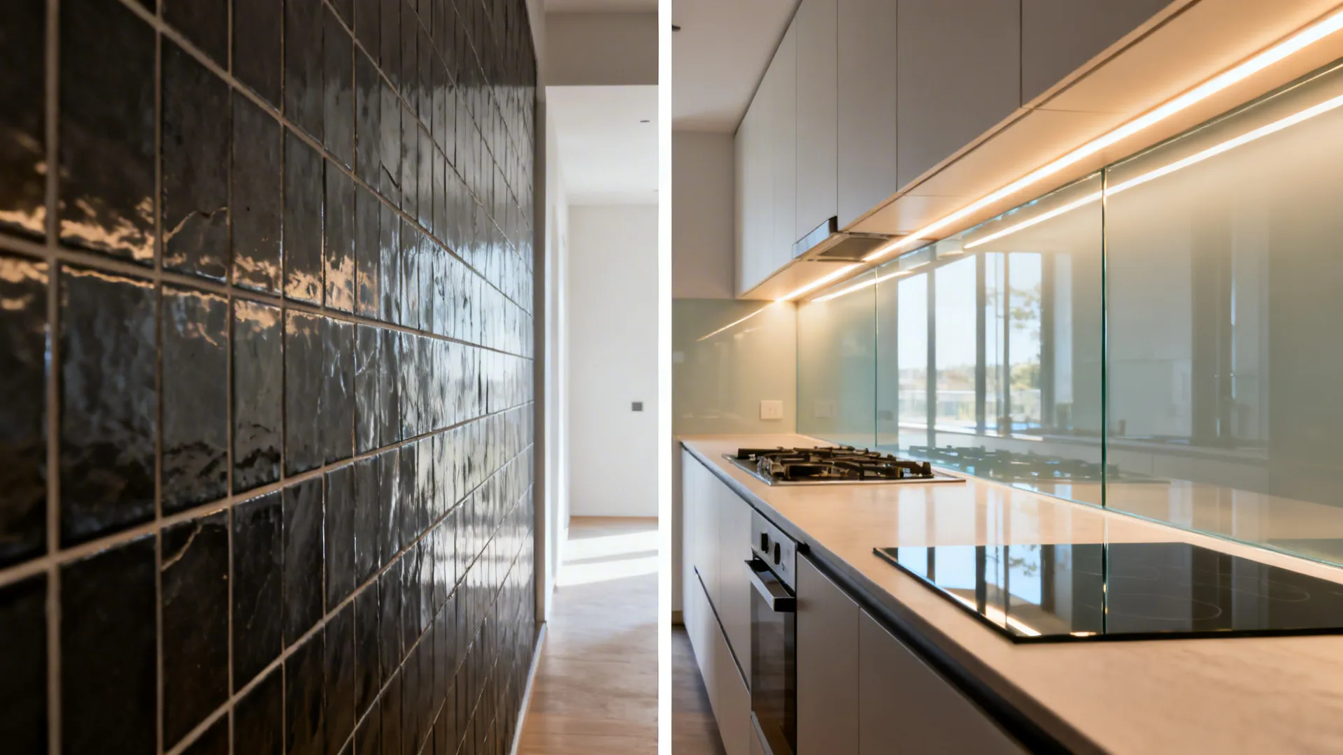 Before-and-after comparison replacing dark tile with reflective glass and LED strips in a one-wall kitchen.