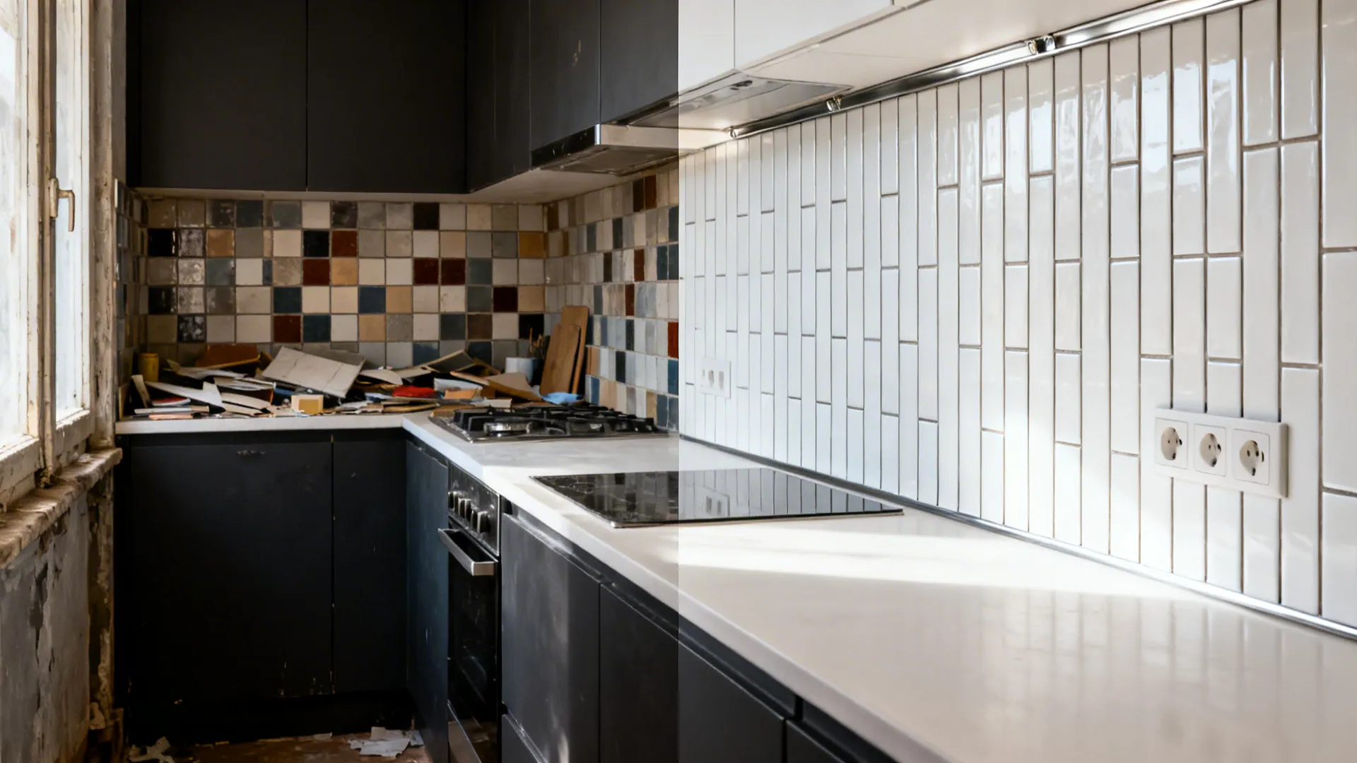 Before-and-after of a small kitchen backsplash transforming to a clean vertical subway layout.