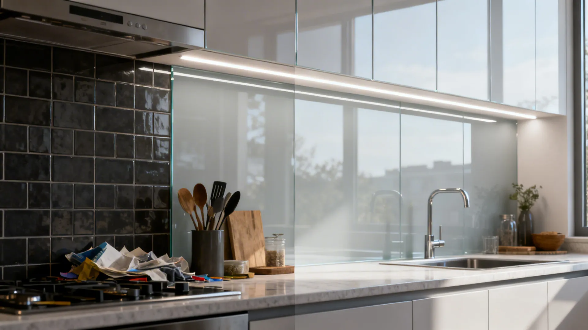 Before-and-after comparison showing tile backsplash replaced with pale gray glass and LED task lighting.
