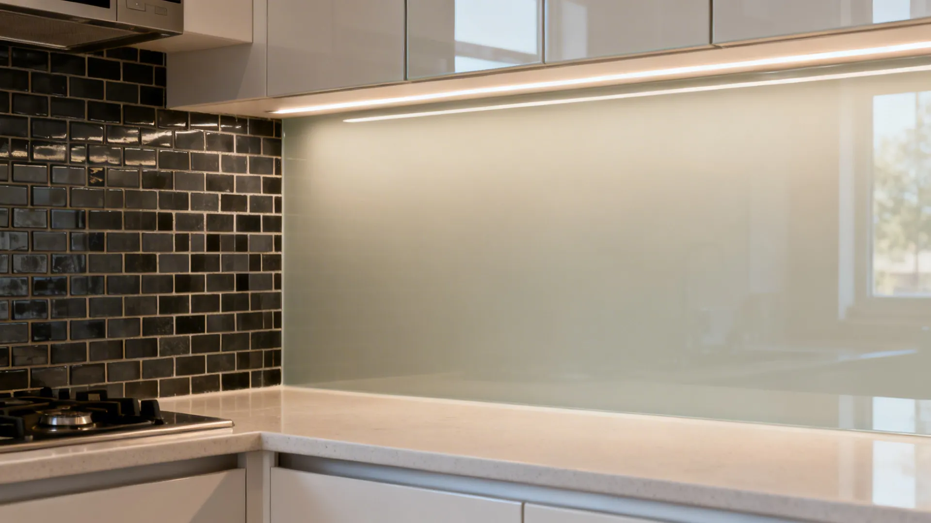 Side by side comparison of black brick tiles and a smooth light green glass wall