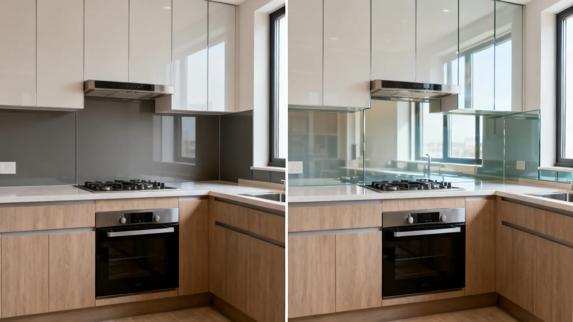 Split view showing an 8x8 kitchen before and after a reflective glass backsplash upgrade
