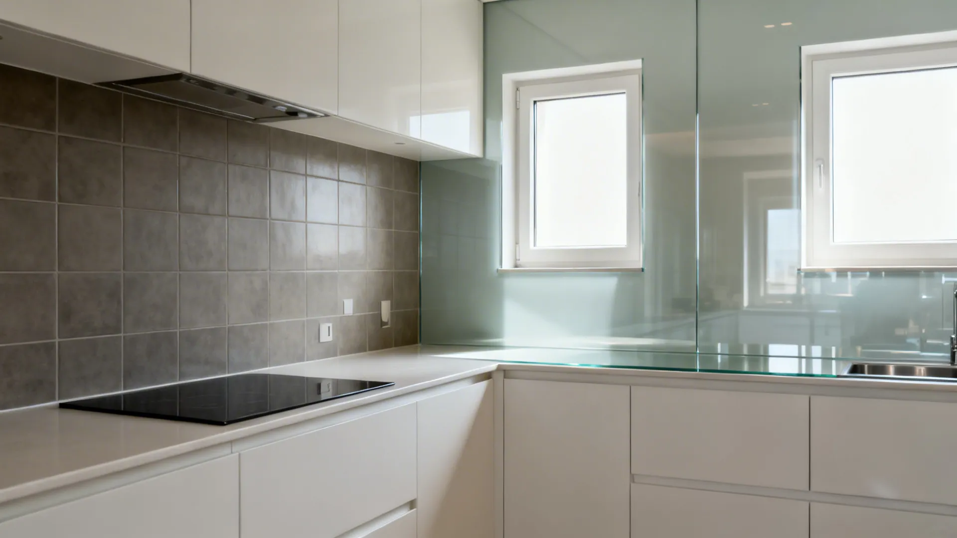 Before and after comparison showing tile versus glass backsplash in a two-window kitchen.