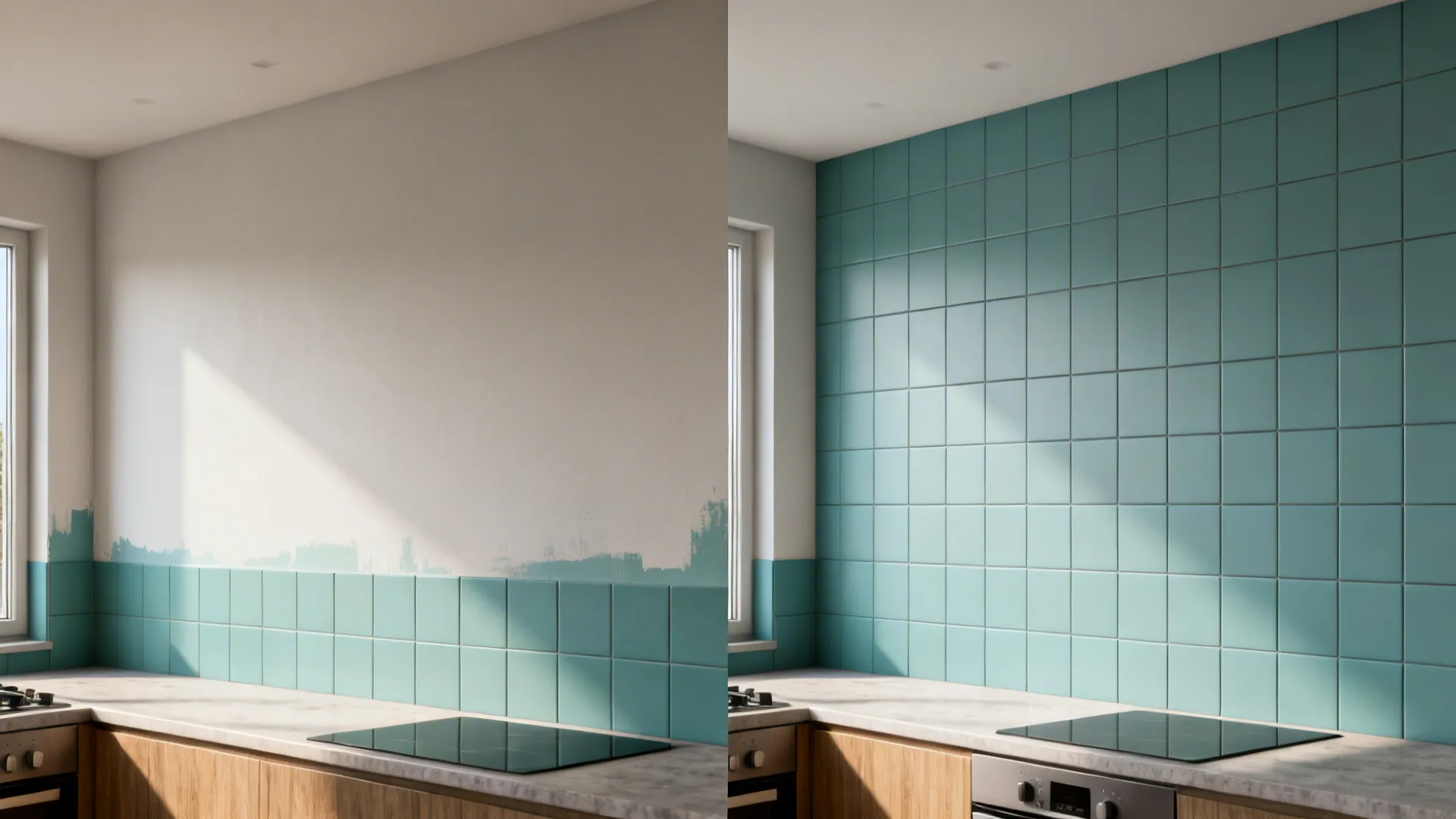 Before and after showing partial backsplash versus full-height single-hue tile to the ceiling.