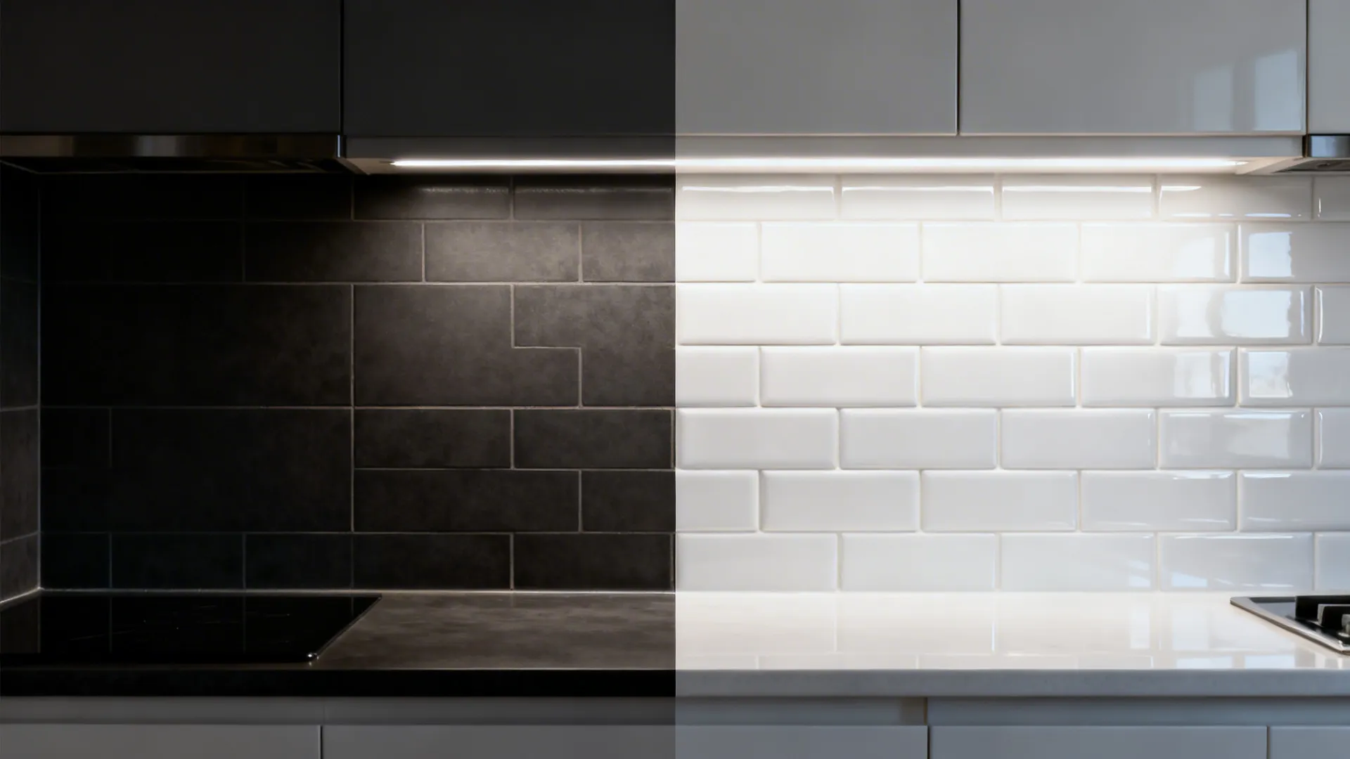 Before-and-after compact backsplash from matte dark to glossy white stacked tiles.
