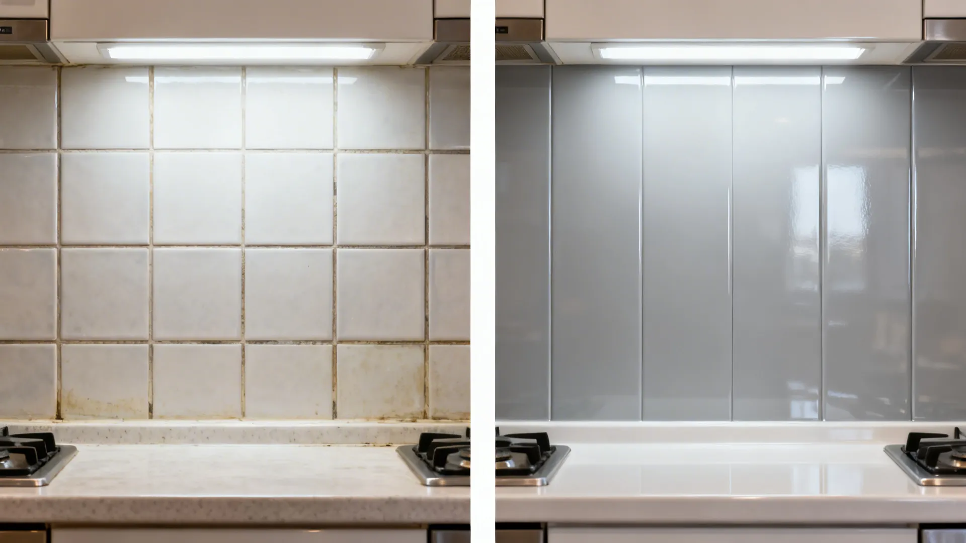 Split view showing a tiled backsplash before and a sleek glossy PVC panel after.