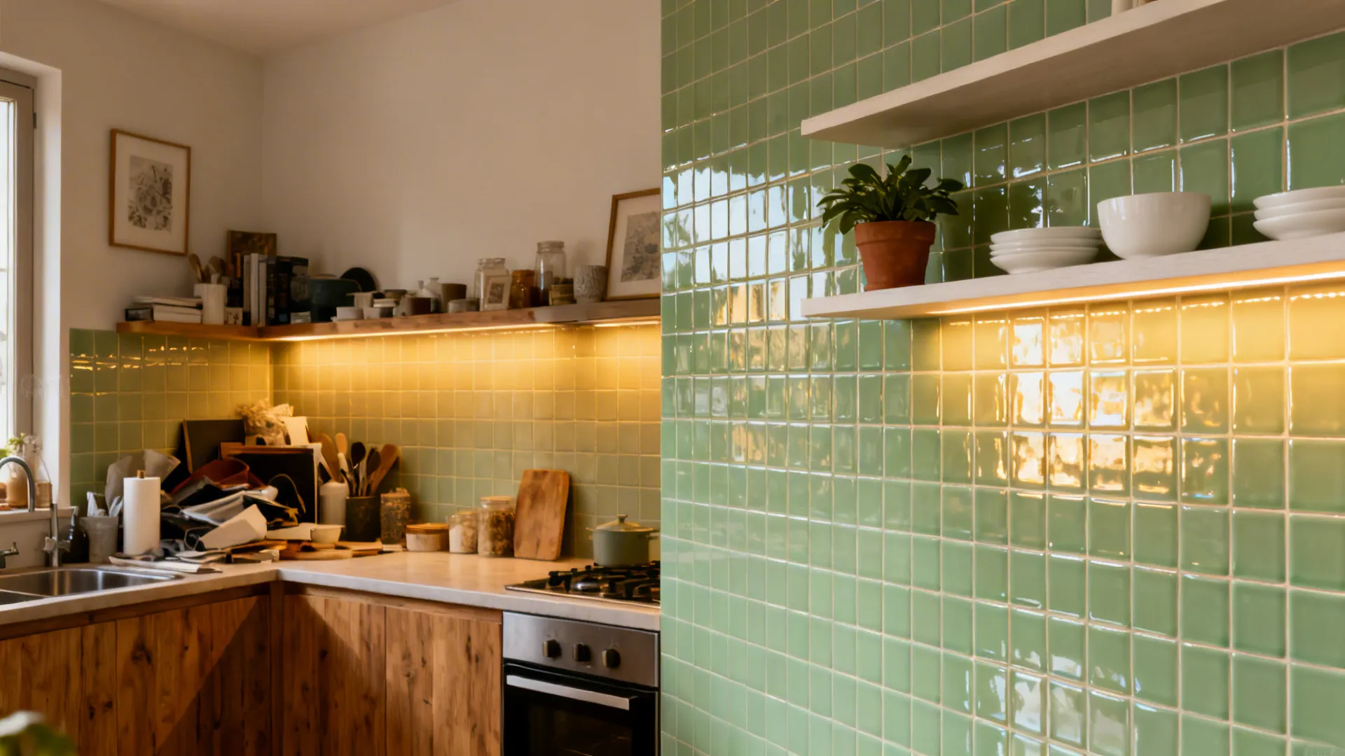 Before and after of a small kitchen wall transformed with green glazed tile and floating shelves.