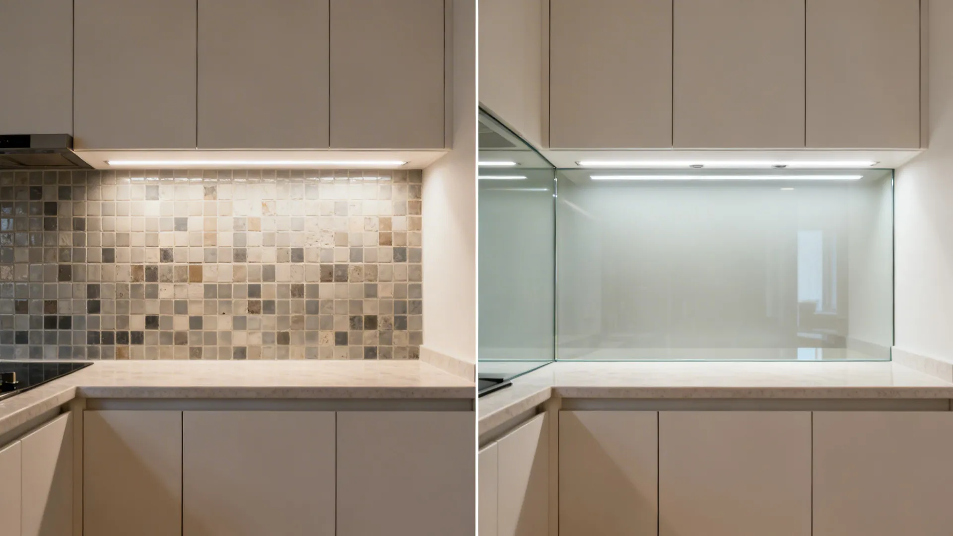 Before-and-after view replacing tiled backsplash with low-iron glass to brighten a small kitchen.