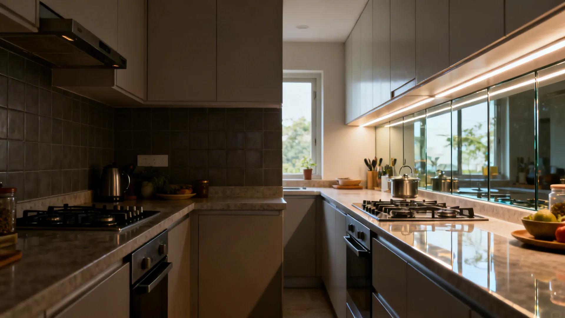 Before-and-after of a compact kitchen showing task LEDs and a reflective glass backsplash upgrade.