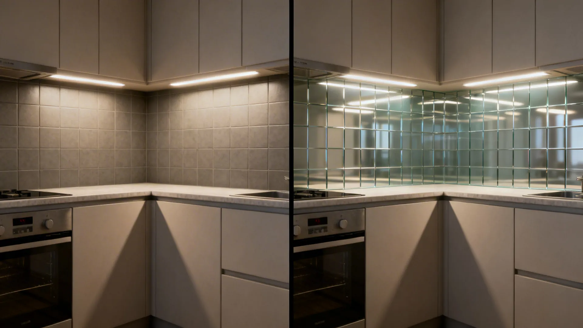Before and after comparison of a kitchen wall showing grey tiles versus a glass mirror