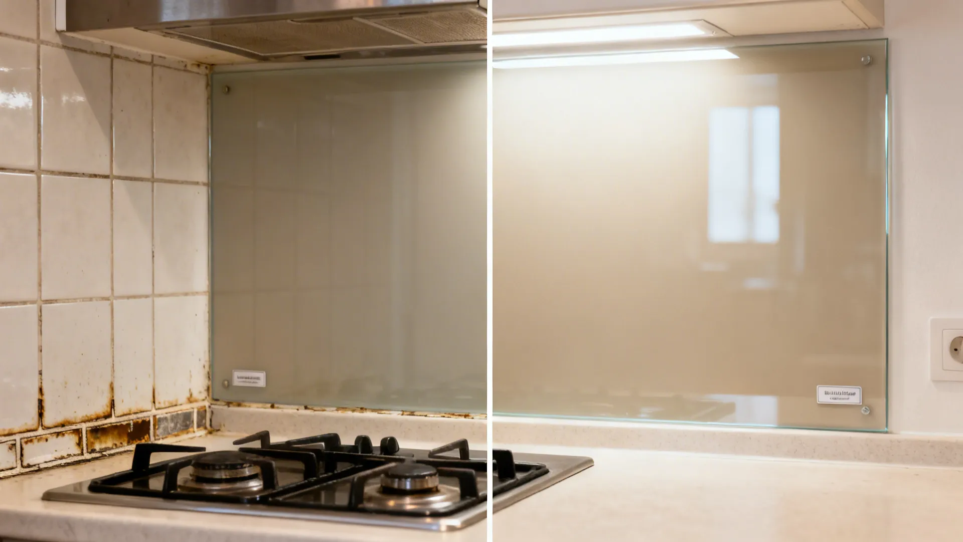 Split view comparing stained tile grout versus a clean tempered glass backsplash.