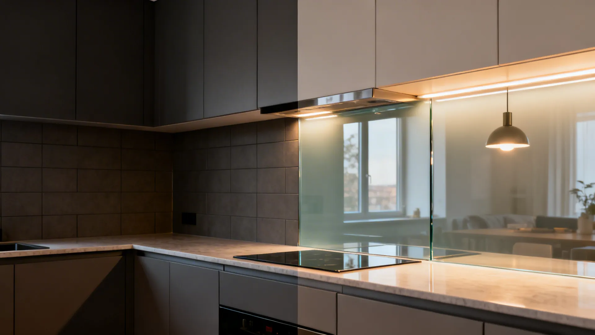 Before-and-after showing dull tile versus reflective low-iron glass backsplash in a small kitchen.