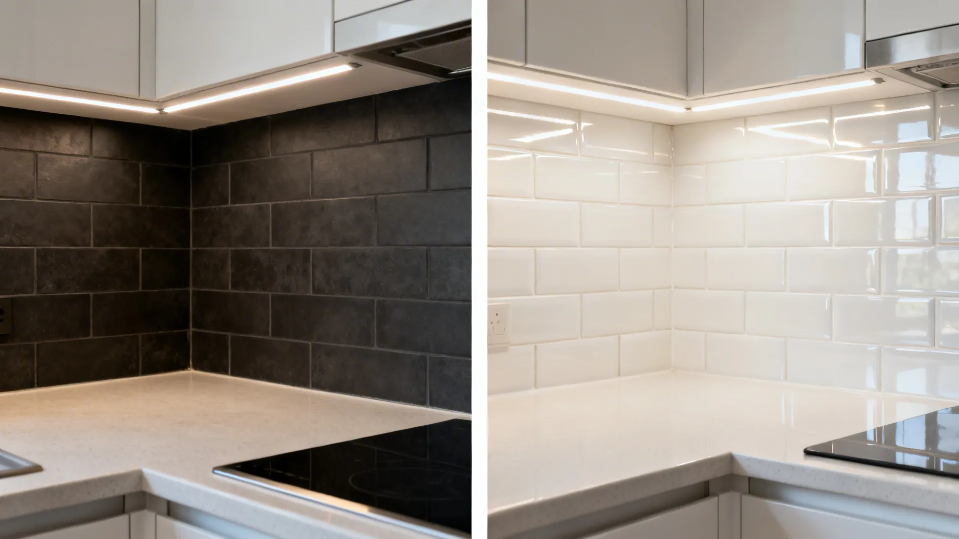Before-and-after of a small kitchen backsplash changing from dark matte to glossy off-white with LED lighting.