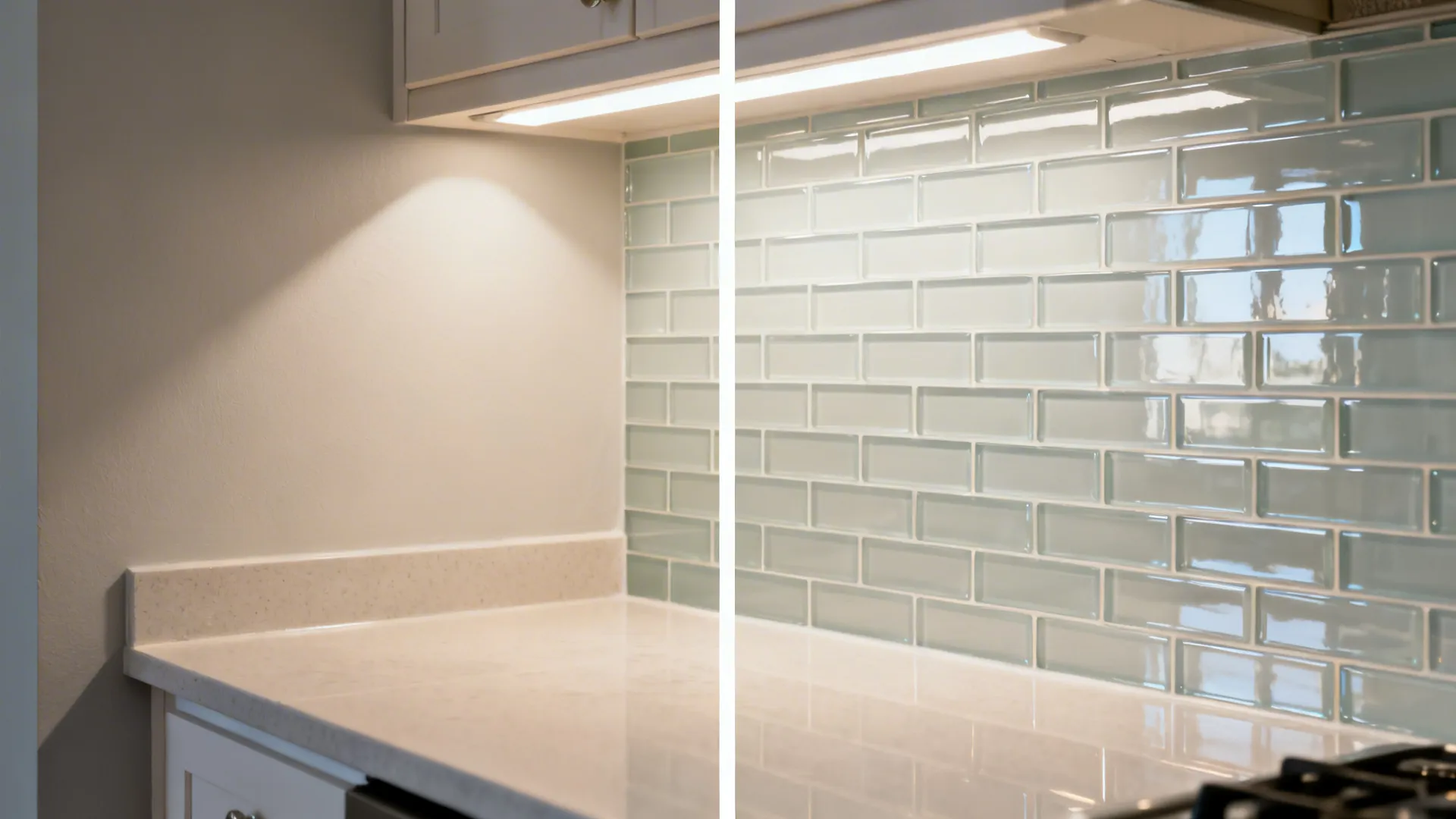 Before-and-after of small kitchen wall upgraded with peel subway tiles.